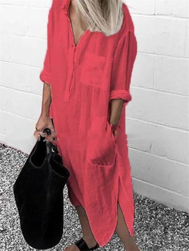 

Plus Size Summer Women's Solid Color Split Dress Elegant Casual Button Pocket V-Neck Long Sleeve Lined Long Lined Dress