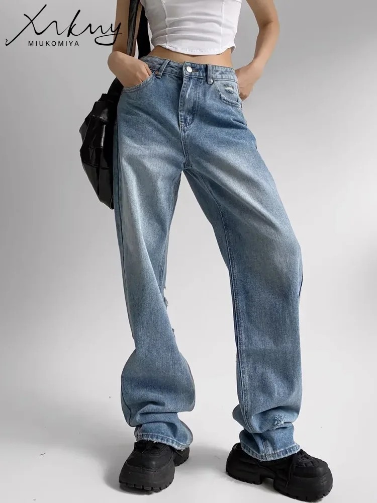 MiKoMiYa Summer Ripped Jeans For Woman High Waist Streetwear Straight Women's Denim Pants Ripped White Wide Leg Jean Trousers