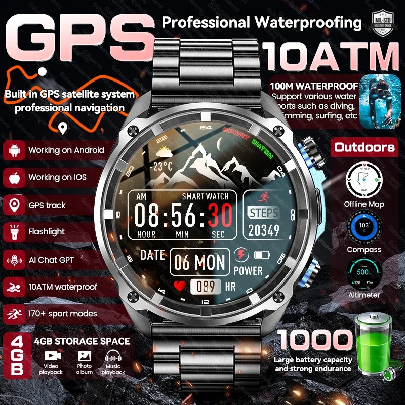 New Military Men Accuracy GPS Smart Watch Altimeter 10ATM Waterproof 1000mAh Battery Bluetooth Call 4GB Memory Adult Smartwatch_voghion.com