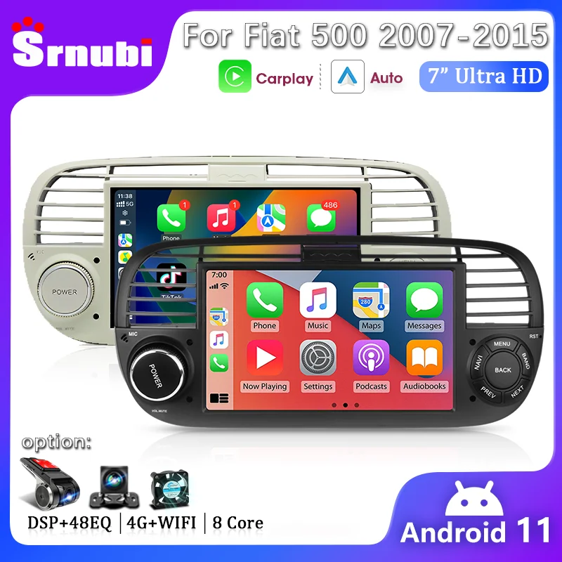 Srnubi 안드로이드 자동차 라디오 멀티미디어 플레이어, 피아트 500 Abarth 2007-2015 무선 카플레이, 자동 스테레오, GPS 네비게이션, RDS DVD, 7 인치