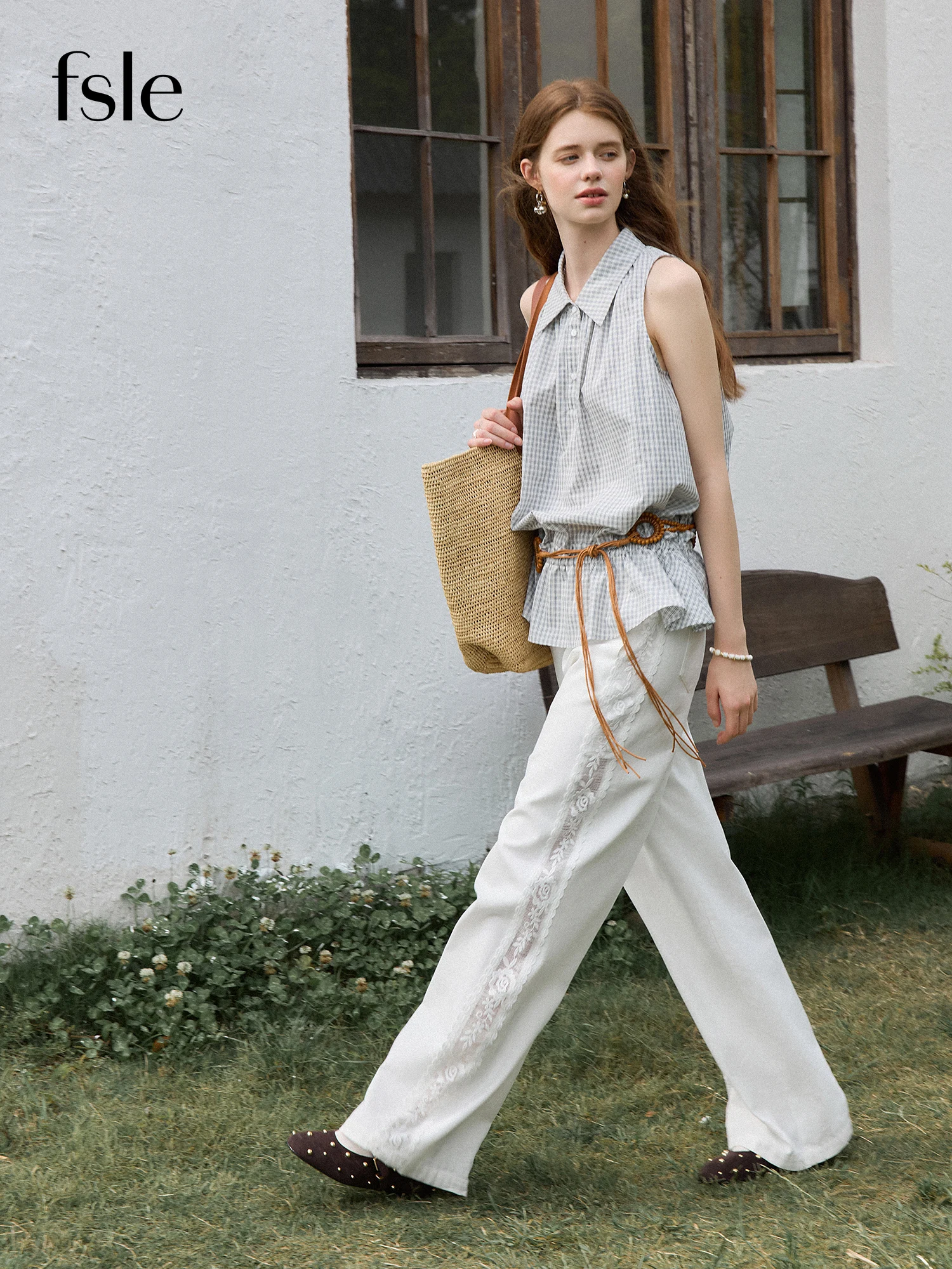 FSLE White Lace Trim Cut-out Patchwork Wide Leg Pants for Women 100% Cotton 2025 Summer New Arrival Office Outfits 25FS12767