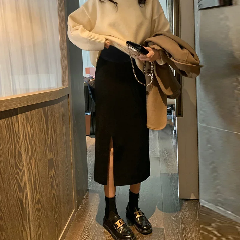 Maternity Fashion Knitted Belly Support Half Skirt Casual Trendy Mom High Waist Slit Slimming One Step Skirt Autumn Winter