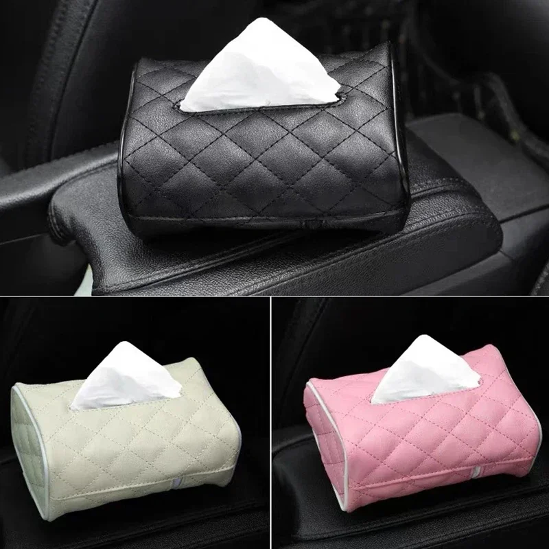 Tissue Box Solid Color Checkered Leather Wear-Resistant Car Seat Back Hanging Tissue-Bag
