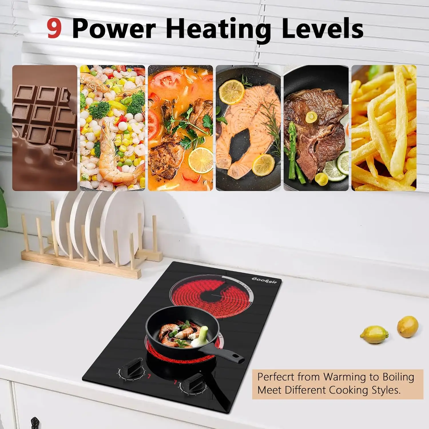 2 Burner Electric Cooktop-110v Countertop Electric Stovetop 2000W, 12 Inch Ceramic Stove with Residual Heat Indicator, Over