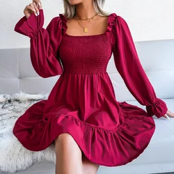 Spring and Autumn Women's Elegance Fashion Long-Sleeve Square-Neck Skirt Solid Color Ruffle Dress Female Bohemian Beach Dress