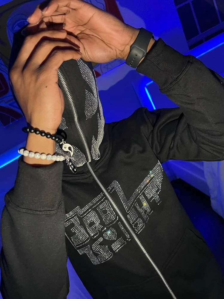 Y2K clothing Streetwear Hoodie Men Rhinestone Skeleton Oversized Sweatshirts y2k Zip up Hoodie Autumn Goth Hoodies Jacket Grunge