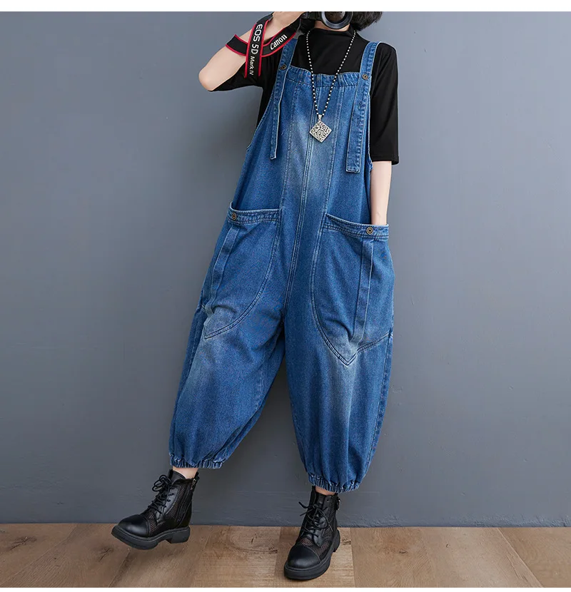 

Denim Overalls Women Korean Style Oversized Big Pockets Loose Wide Leg Jumpsuits Casual Baggy All Match Mom Straps Jean Rompers