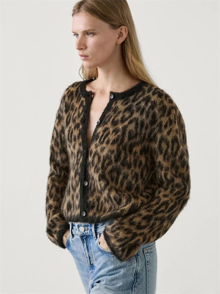 Suéter tipo cárdigan de leopardo para mujer, con estampado de moda en contraste, holgado, de manga larga, para ir al trabajo, cárdigan de otoño para mujer