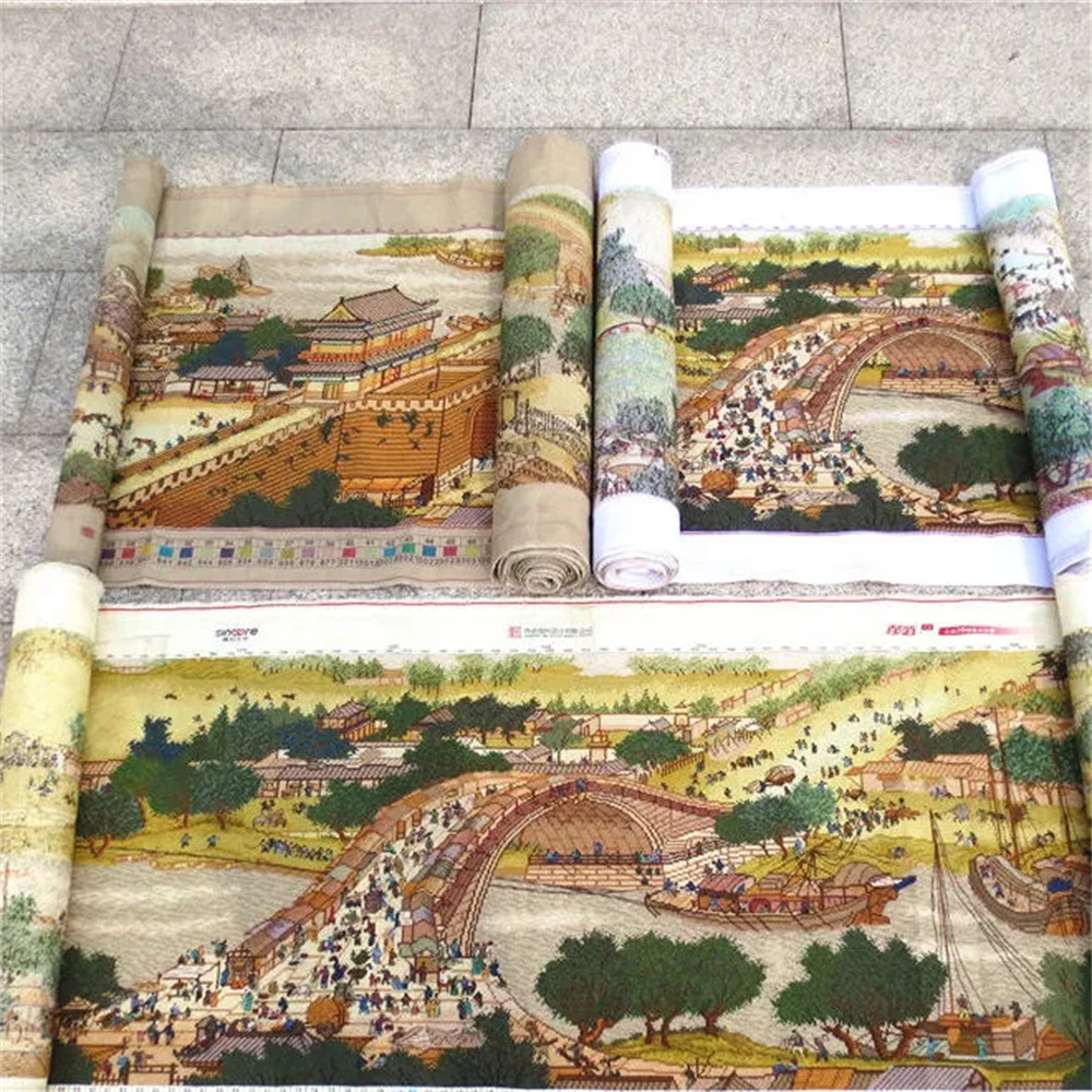 Pure handmade Cross-stitch finished product embroidery of the Qingming River landscape living room decoration painting