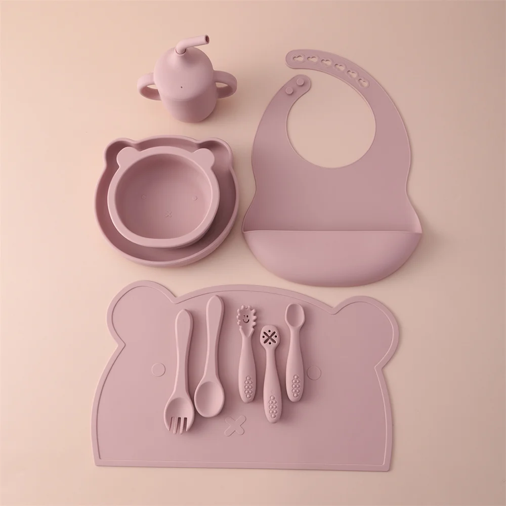 Color Kids 10PCS Soft Silicone Baby Feeding Set Suction Bowl Plate Bib Cup Utensils Waterproof Placemat Toddler Tableware Kit