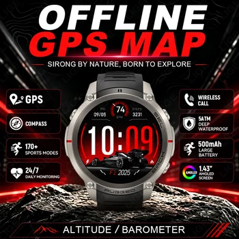 LIGE Nuovo Smartwatch GPS da Esterno con Download Mappe Offline, Bussola, Tracciamento, Impermeabile 5ATM, Braccialetto Sportivo Tattico per Uomo, Idea Regalo