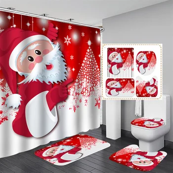 4Pcs Bathroom Accessaries Set Christmas Decor Shower Curtain Toilet Seat Cover Flannel Mat Bathroom Product Home Decor 1
