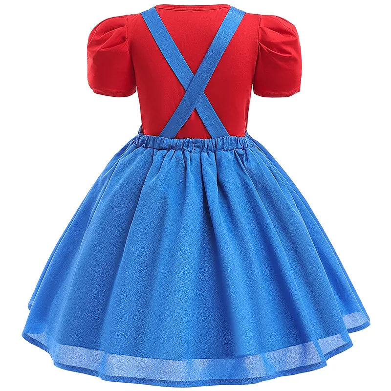 Cosplay Costume Kids Girls Dress Child Cartoon Bros Cosplay Suit Short Sleeve Top+Dress With Hat Girl Halloween Party
