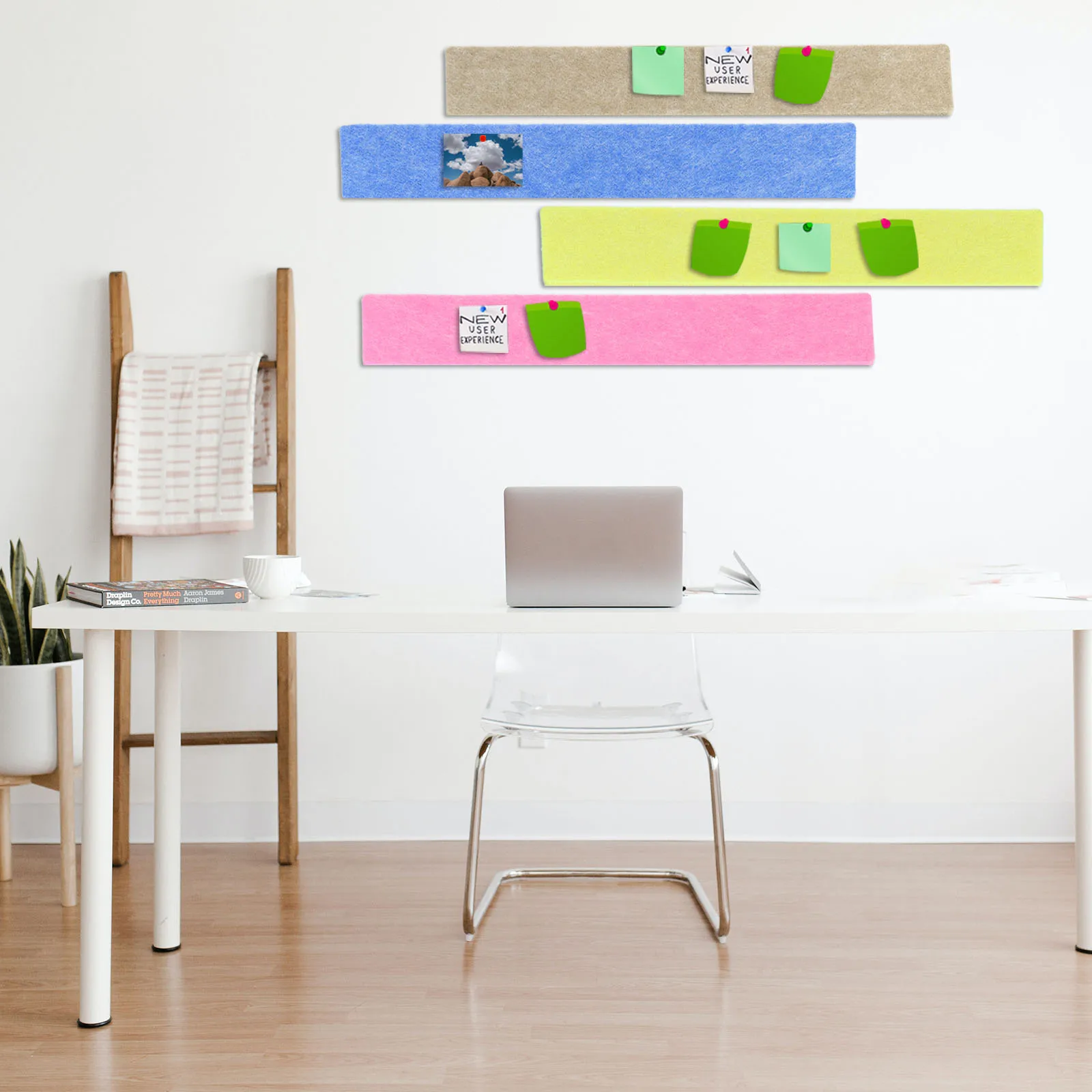 5Pcs Felt Bulletin Board Bar Strip Self Adhesive Wall Pin Bulletin Board with Push Pins for Photos Memos Office Decor Multicolor