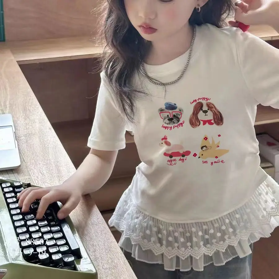 아동 의류 소녀 여름 캐주얼 레이스 티셔츠 2025 반팔 레이스 접합 새로운 흰색 탑 3-12 아동복