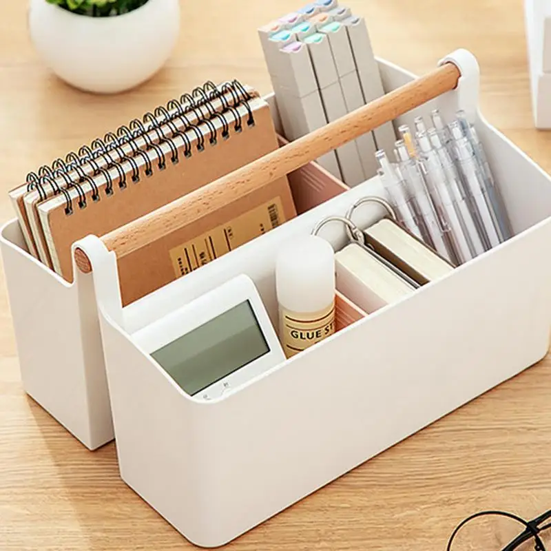 Portable Shower Basket Desktop With Compartments And Wooden Handle  Waterproof Caddy For Bathroom Kitchen Storage Box Organizer - AliExpress