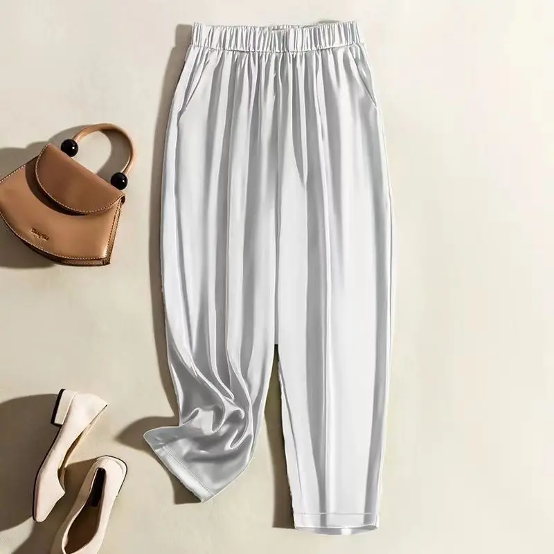 Simple Summer Solid Color Women's High Waist Loose Pocket Silk Smooth Wrinkle Resistant Straight Leg Nine Split Wide Leg Pants