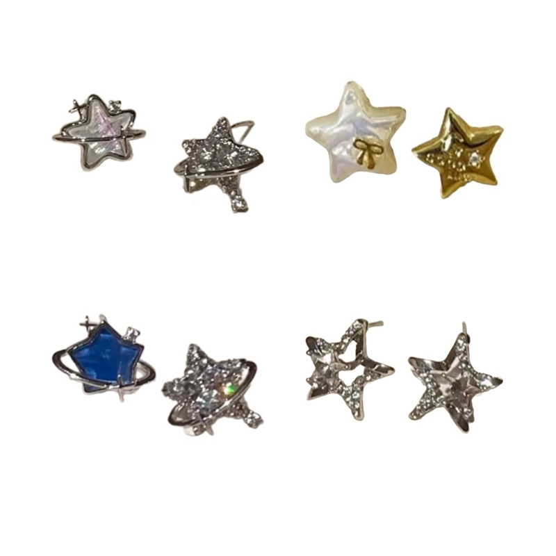 

E0BF Zircon Star Earrings Zircon Ear Studs for Women Fashion Asymmetric Earring