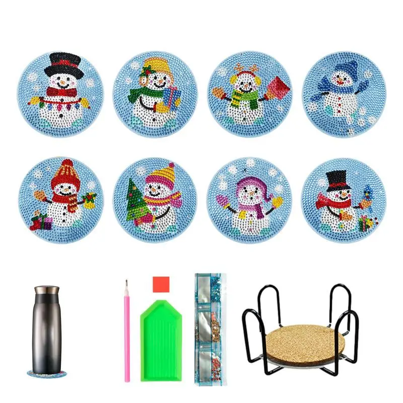 

8pcs Christmas Rhinestone Paintings Coasters Non Slip Table Placemat DIY Art Craft Snowman Christmas Diamond Art Kits Home Decor