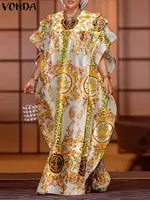 VONDA Plus Size 5XL Fashion Maxi Long Dress 2024 Elegant Satin Dress Sexy Printed Patchwork Bat-wing Sleeve Vestidos Ruffle Robe - Image 2