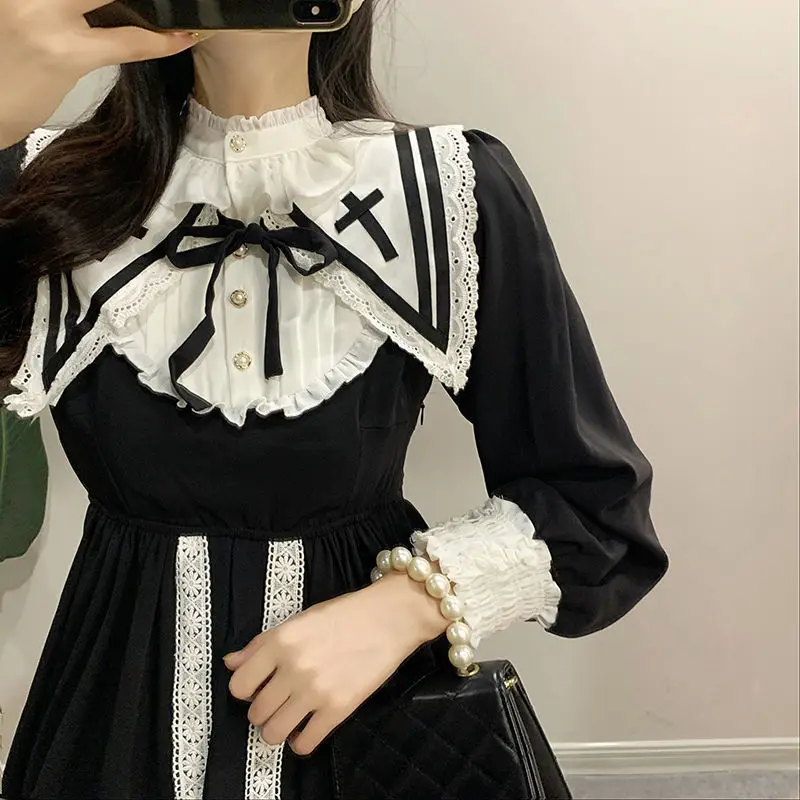 

COZOK/ Japanese Style Women Gothic Cosplay Dresses High Waist Contrast-Color Ruffled Sweet Lolita Dress Kawaii Clothing