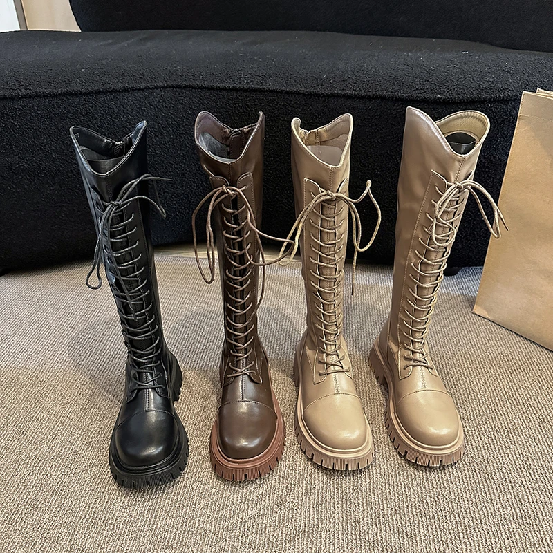 

Woman Boots Knee High Platfrom Autumn Winter Knight Combat Gothic Elegant Medium Heel Women's Shoes Motorcycle Footwear