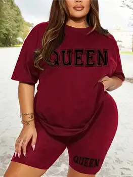Plus size fashionable all-match shorts short-sleeved suit queen letter print simple and comfortable two-piece suit