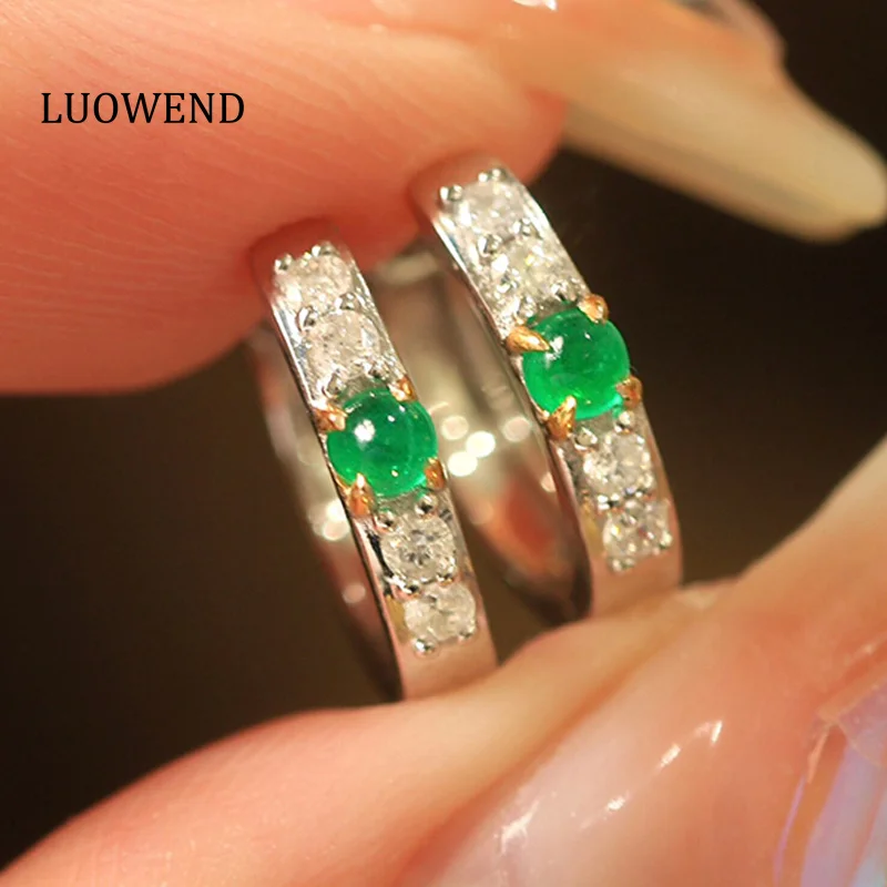 LUOWEND 18K White Gold Earrings Real Natural Emerald Shiny Gemstone Fine Classic Round Shape Elegant Jewelry Gift for Women