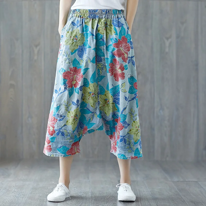 

Ripped Floral Print Denim Pants Women Summer Loose Streetwear Hip Hop Elastic Waist Cropped Cross-Pants Boho Harem Trousers