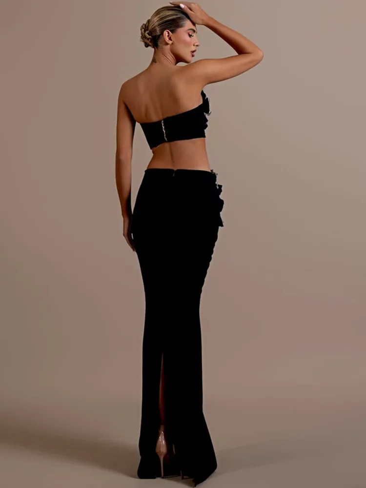 Women Sexy Strapless Flower Diamonds Crystal Black Maxi Long Bandage Skirt Set 2024 Knitted Elegant Evening Club Party Clothing 2