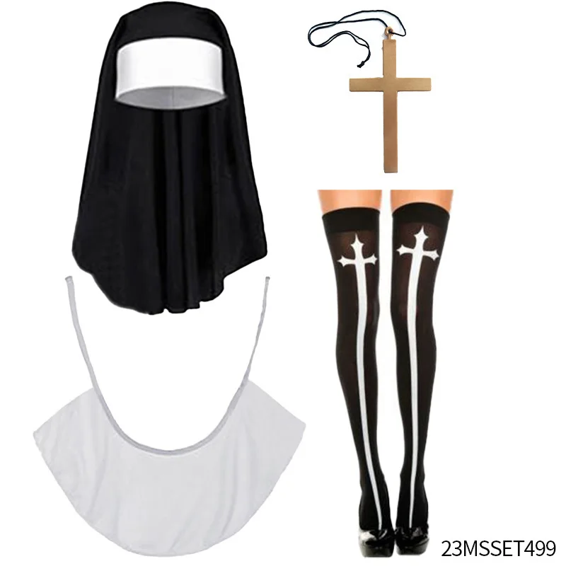 

Nun Missionary Costume Set Nun Hat Cross Pendant Necklace Knee Thigh High Socks Sister Nun Collar Halloween Cosplay Role Playing