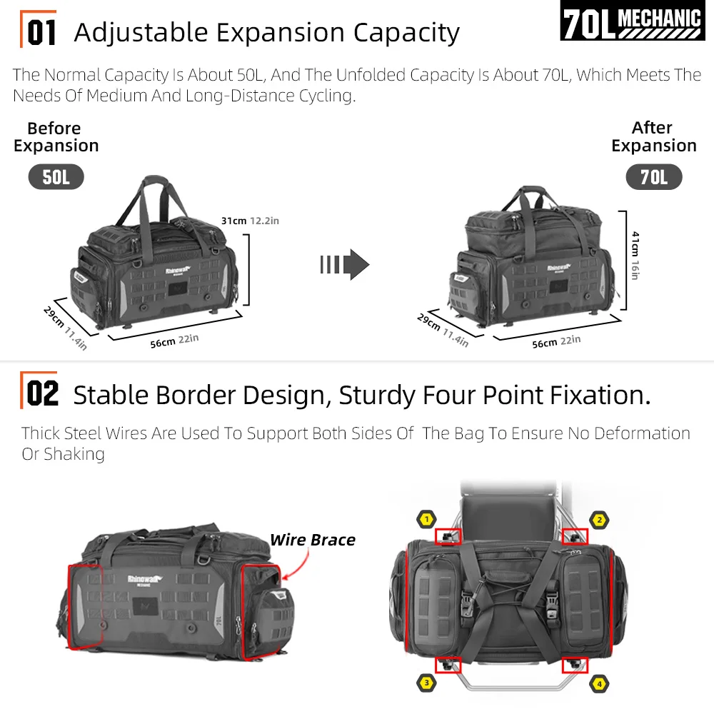 Rhinowalk Motorcycle Tail Bag Waterproof 50-70L Expandable Back