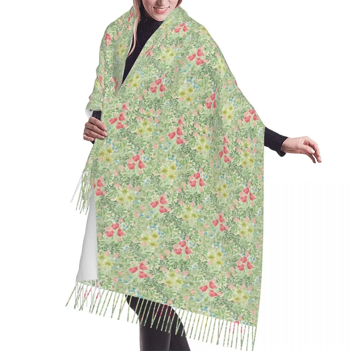 

Stylish William Morris Bower Pattern Boughs Green Rose Tassel Scarf Women Winter Fall Warm Shawl Wrap Female Versatile Scarves