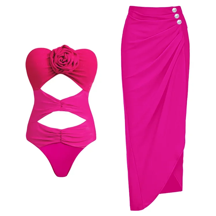 

2024 New Swimsuit 3D Flower Decor Pink One Piece Swimwear Women Vacation Beachwear Luxury Bathing Suit Sexy Bikini two piece