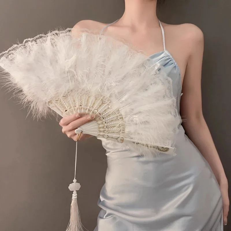 Chinese Style Vintage Retro Foldable Hand Fan Feathers Lace