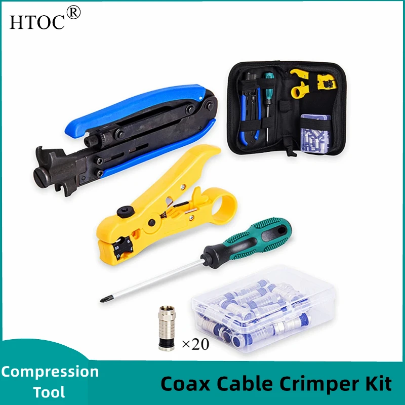 HTOC Coax Cable Crimper Kit Compression Tool Adjustable RG6 RG59 RG11 75-5 75-7 Coaxial Cable Stripper with 20 PCS F Connectors