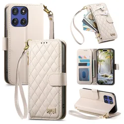 Luxury Leather Flip Case with Zip Wallet and Lanyard Wrist Strap - Moto Edge 5G 2024 (Vintage White)