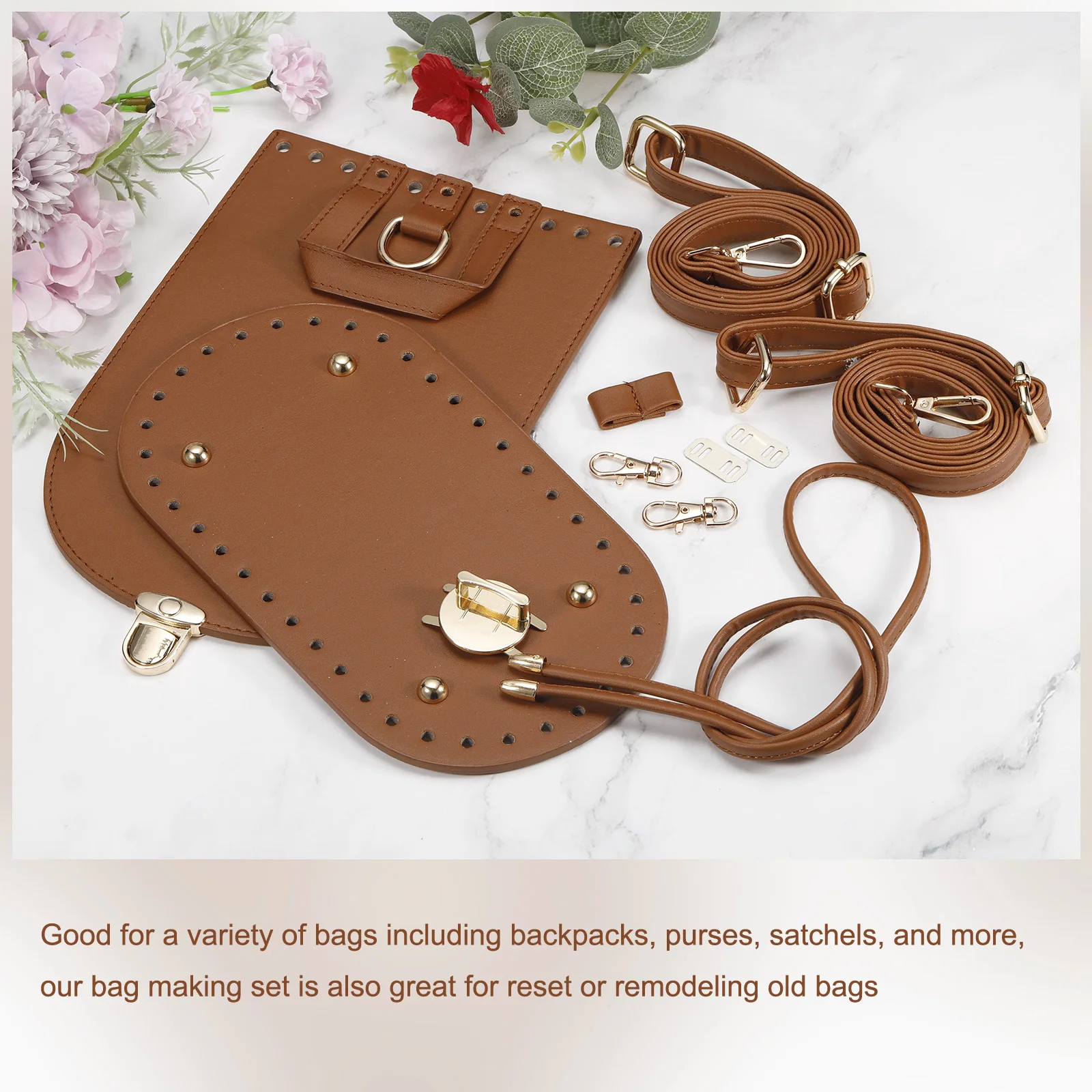 Leather Purse Making Kit 5Pcs DIY PU Leather Bag Backpack Making Set Bag Bottom Shoulder Strap Flap Cover Drawstring for Purse