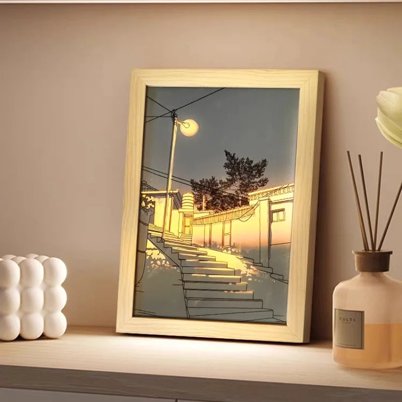 

DIY LED Light Painting USB Dimming Bedside Drawing Night Lights Creative Table Lamp Simulate Wooden Photos Decorative Lamps