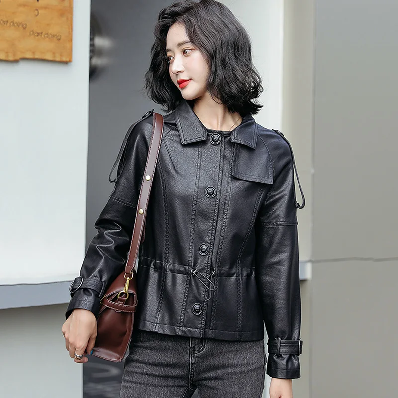 Women Sheep Leather Jacket, Classic Turn Down Collar, Chic Drawstring, Slim Short Sheepskin Coat Streetwear, Spring Autumn 2024