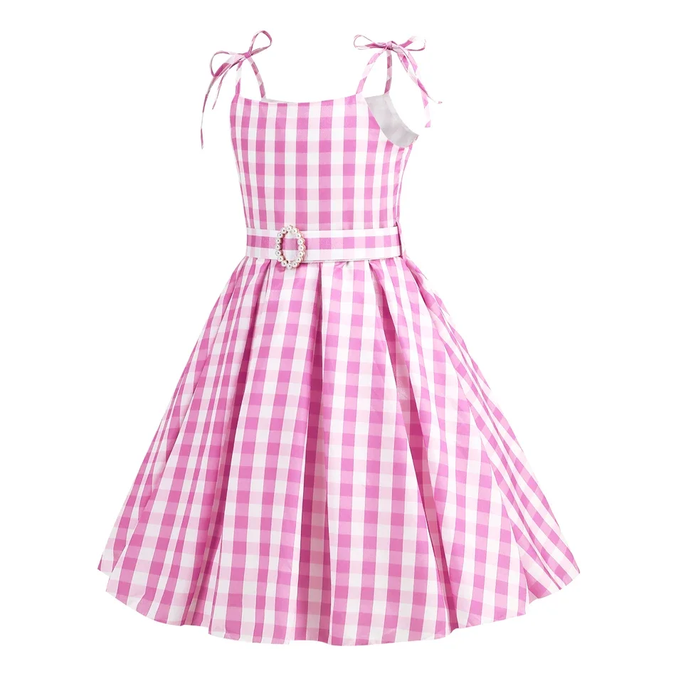 Barbi Girl Dress Princess Cosplay Costume Pink Plaid Beach Outfit Birthday Halloween Party Kids Dress