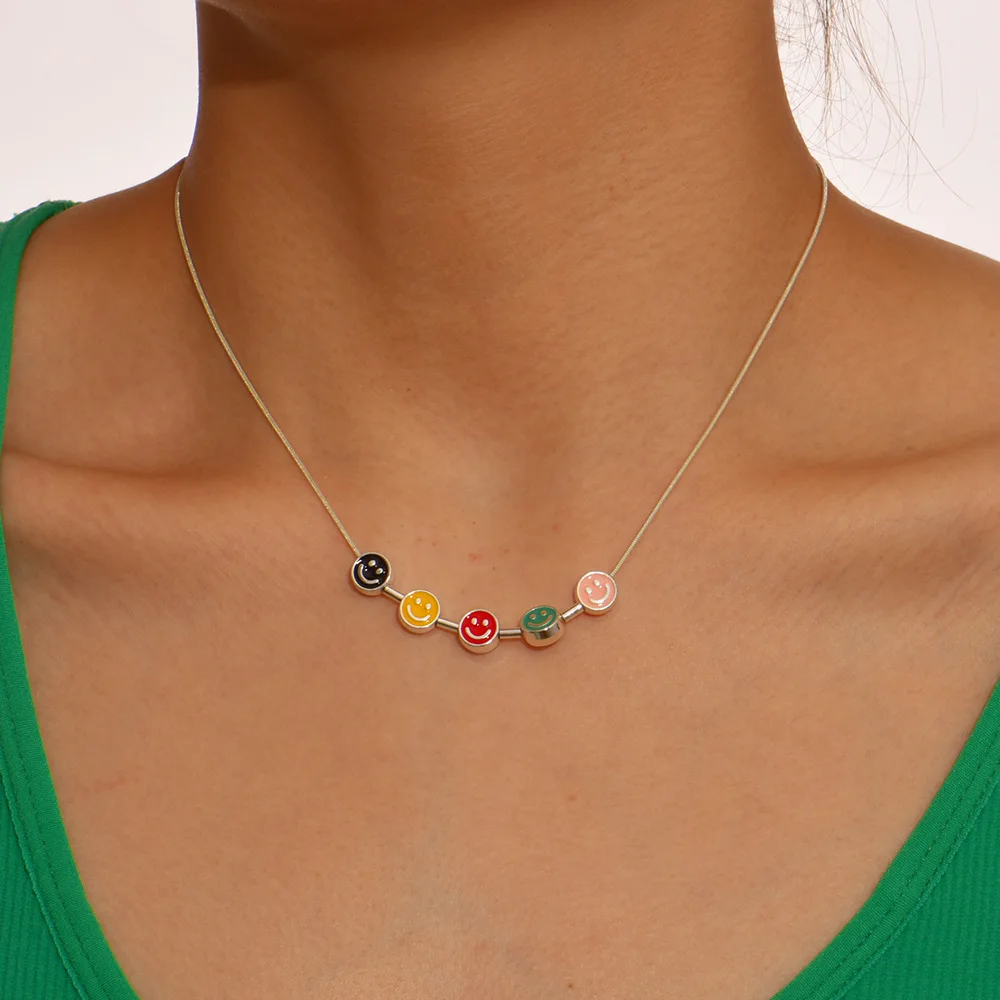 New Alloy Small Round Drop Oil Multicolor Smiley Face Chokers Necklaces for Women Pendants