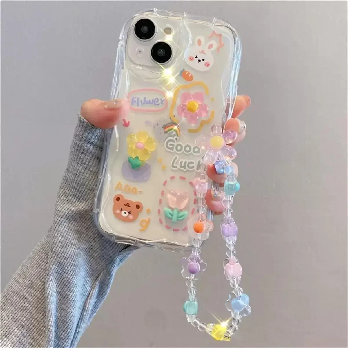 Cute 3D Bear Flower Wrist Chain Phone Case Cover