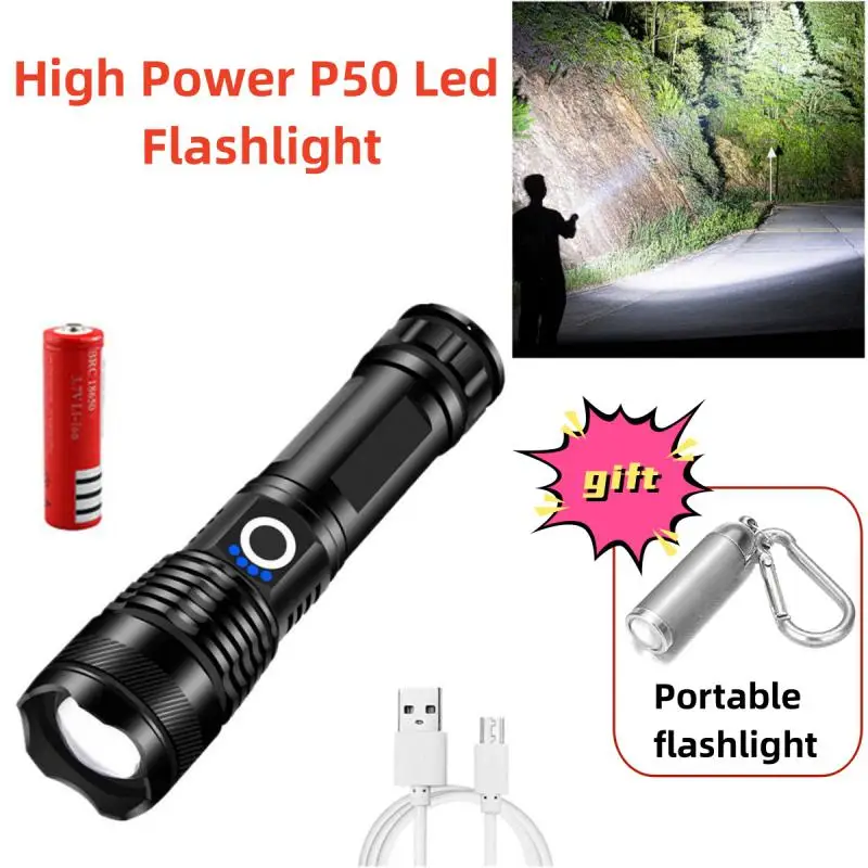 

Светодиодный фонарик высокой мощности P50 перезаряжаемый 4-ядерный телескопический зум Usb Ручной фонарь для кемпинга наружного освещения фонарик