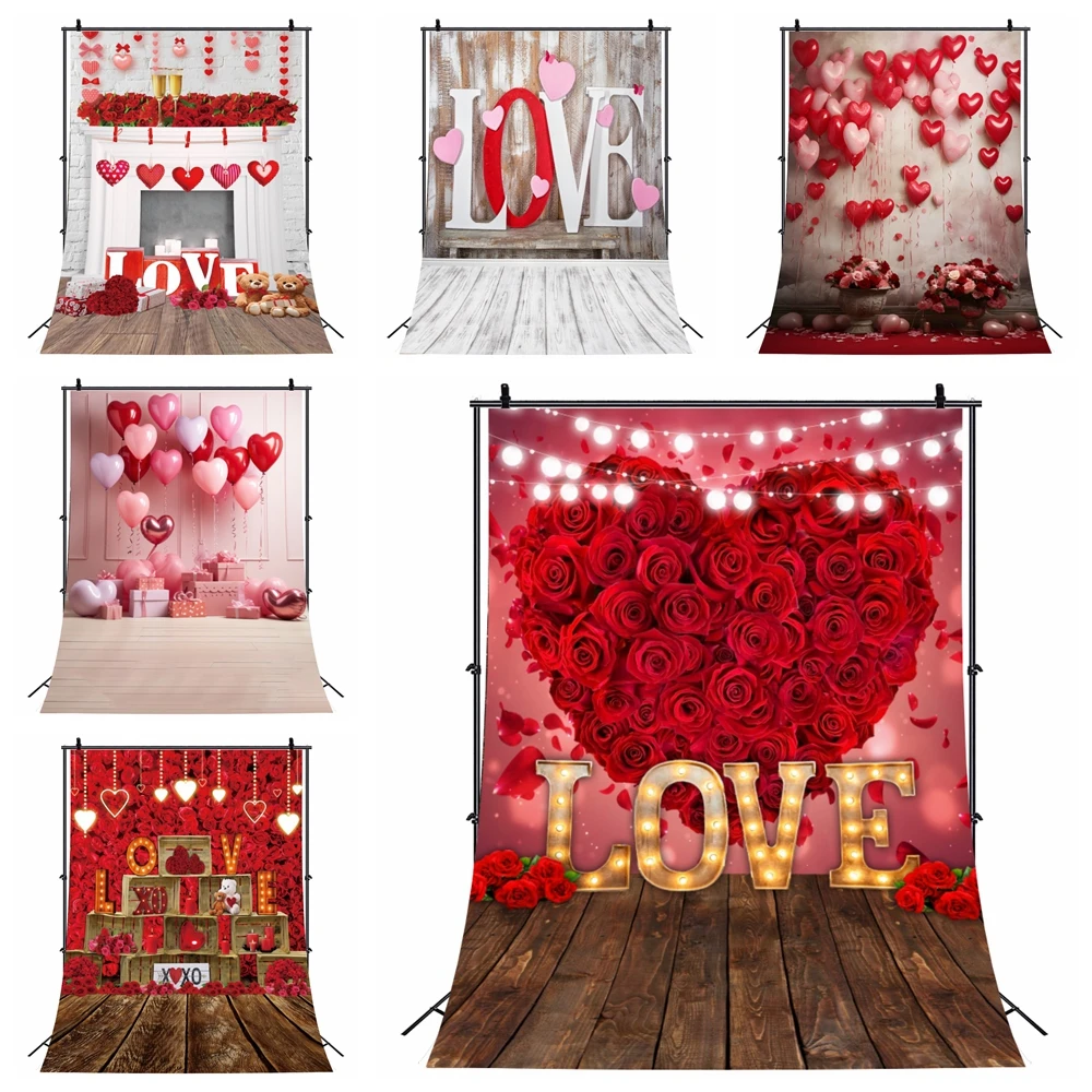 

Valentine's Day Backdrops February 14 Rose Flower Wooden Floor Glitter Love Heart Wedding Portrait Photo Background Photo Studio