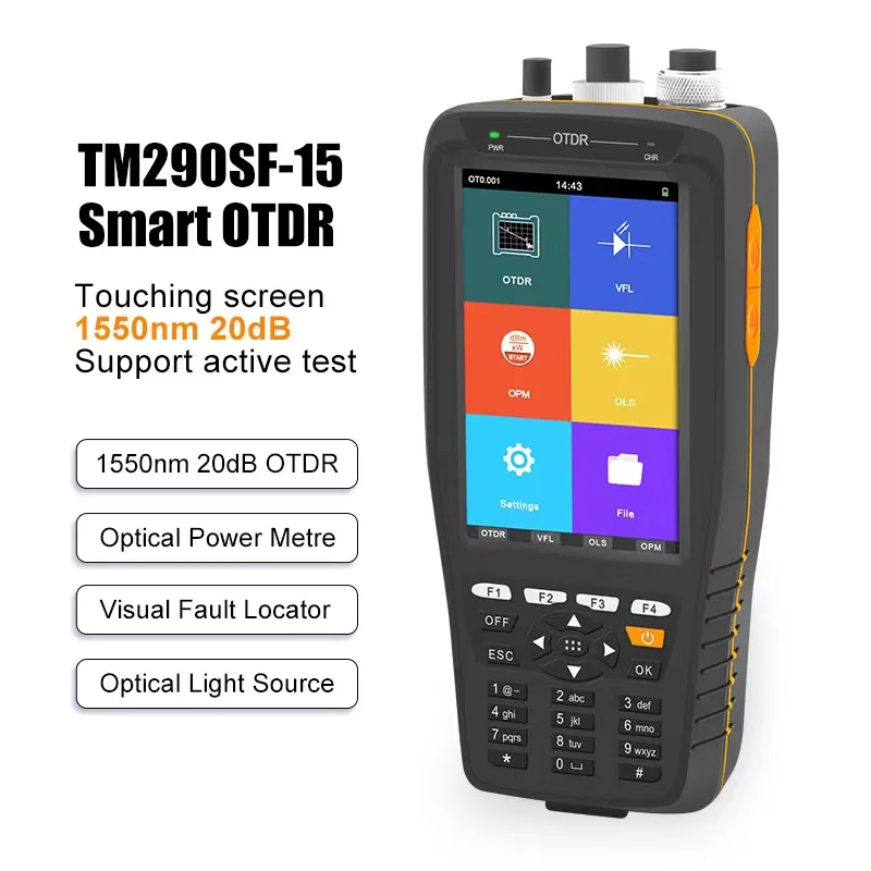 

Mini Smart OTDR SM 1550nm 20dB OTDR TM290SF-15 with VFL OPM OLS Touch Screen OTDR Measure distances 60km