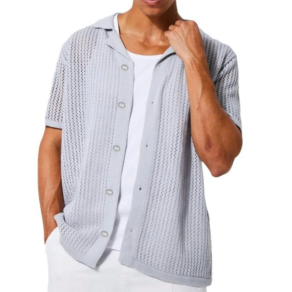 Summer Casual Men's Shirt Hollow-out Knitted Short-sleeved Cardigan