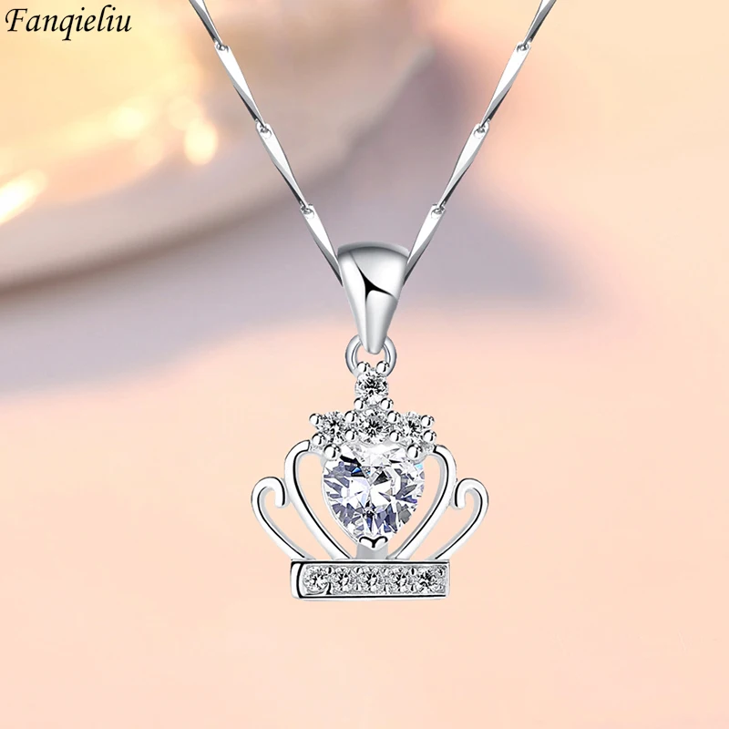 

Fanqieliu High Quality S925 Stamp Silver Color Crystal Crown Pendant Necklace For Woman Vintage Jewelry Girl Gift New FQL21130