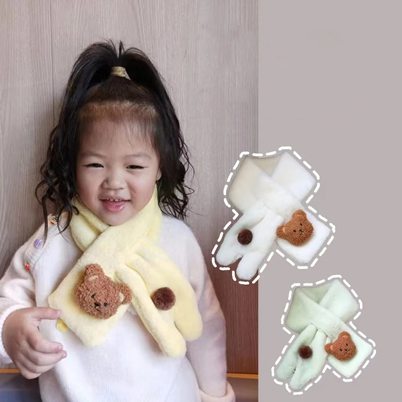 Cartoon Bear Baby Scarf Autumn Winter Warm Soft Plush Scarves For Boys Girls Korean Kids Cross Neckerchief