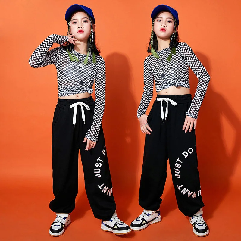 

Kid Kpop Hip Hop Clothing Checkered Long Sleeve T Shirt Casual Streetwear Sweat Jogger Pants for Girl Jazz Dance Costume Clothes